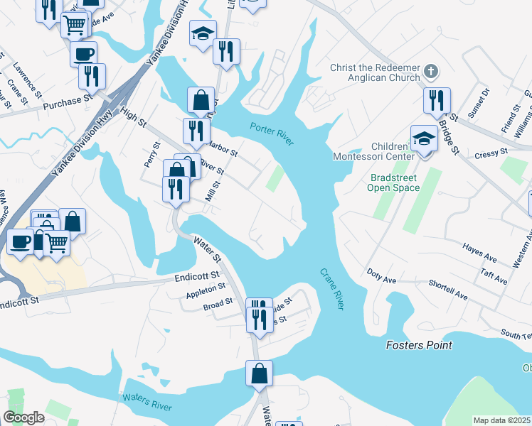 map of restaurants, bars, coffee shops, grocery stores, and more near 42 River Street in Danvers