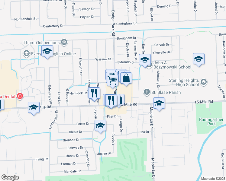 map of restaurants, bars, coffee shops, grocery stores, and more near 35197 Dodge Park Rd in Sterling Heights
