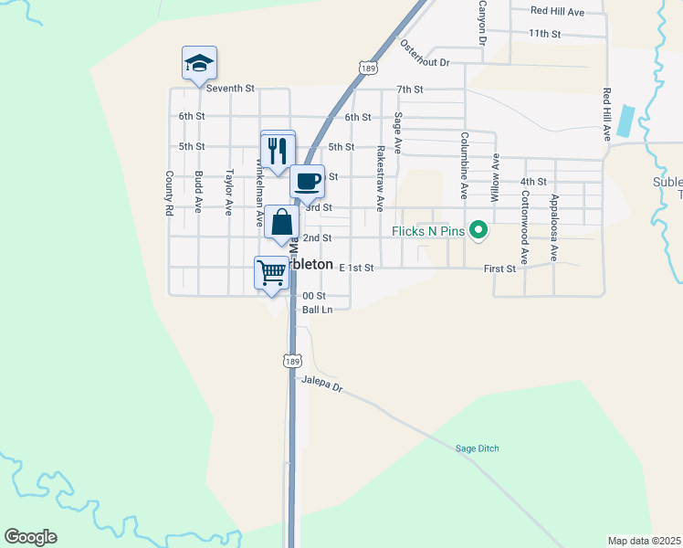 map of restaurants, bars, coffee shops, grocery stores, and more near 201-219 East 1st Street in Big Piney