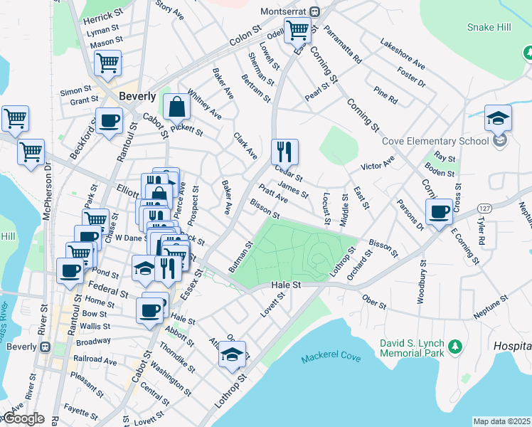 map of restaurants, bars, coffee shops, grocery stores, and more near 18 Bisson Street in Beverly