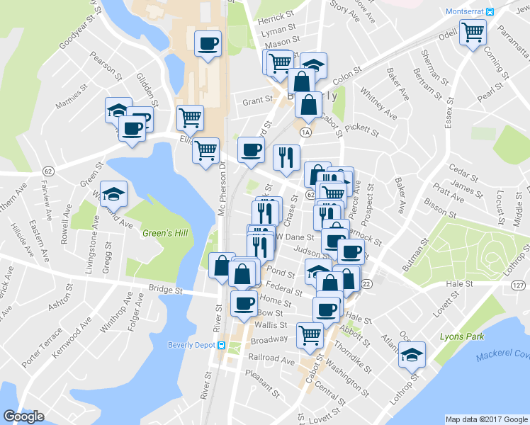 map of restaurants, bars, coffee shops, grocery stores, and more near 38 Roundy Street in Beverly