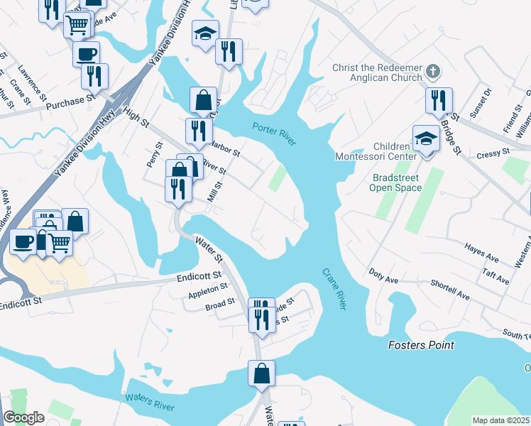 map of restaurants, bars, coffee shops, grocery stores, and more near 42 River Street in Danvers