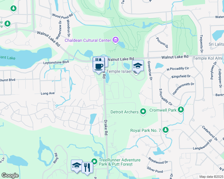 map of restaurants, bars, coffee shops, grocery stores, and more near 5655 Drake Hollow Drive West in West Bloomfield Township