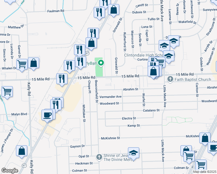 map of restaurants, bars, coffee shops, grocery stores, and more near 19759 Abrahm Street in Clinton Township