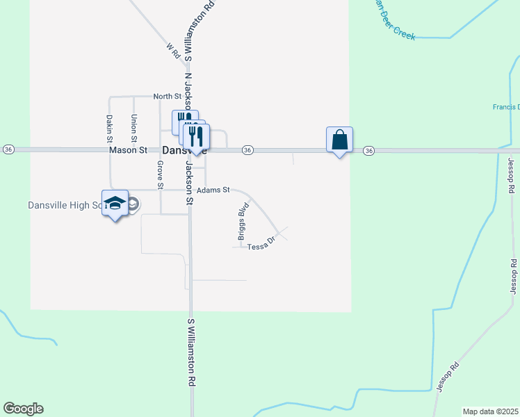 map of restaurants, bars, coffee shops, grocery stores, and more near 1481 Adams Street in Dansville