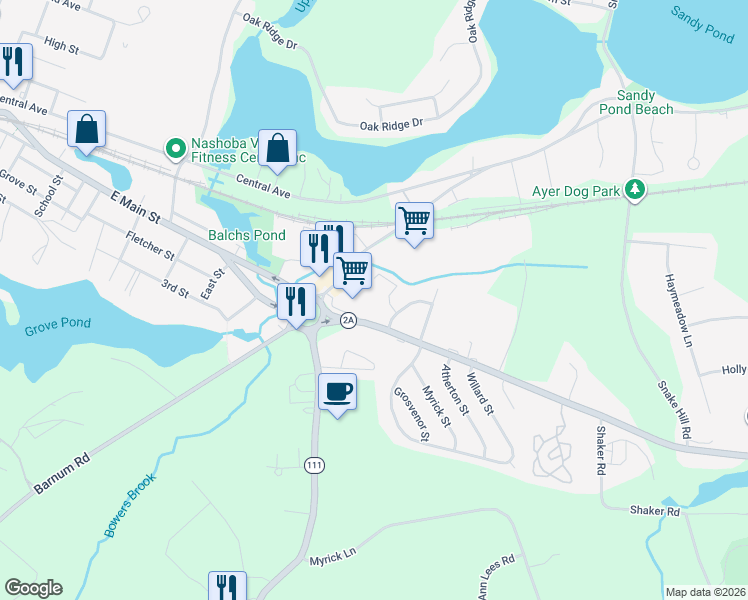 map of restaurants, bars, coffee shops, grocery stores, and more near 4 Littleton Road in Ayer