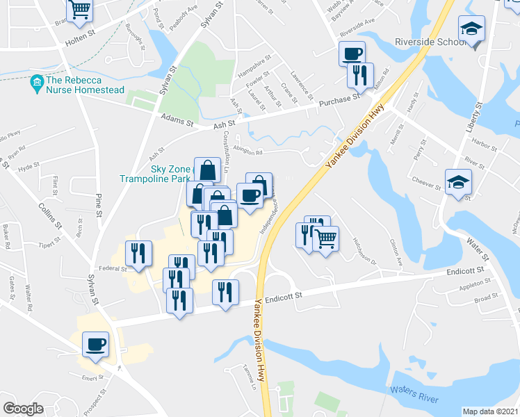 map of restaurants, bars, coffee shops, grocery stores, and more near 230 Independence Way in Danvers