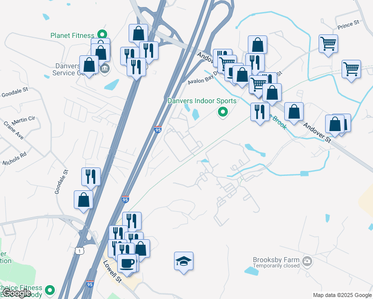 map of restaurants, bars, coffee shops, grocery stores, and more near 5200 Crane Brook Way in Peabody