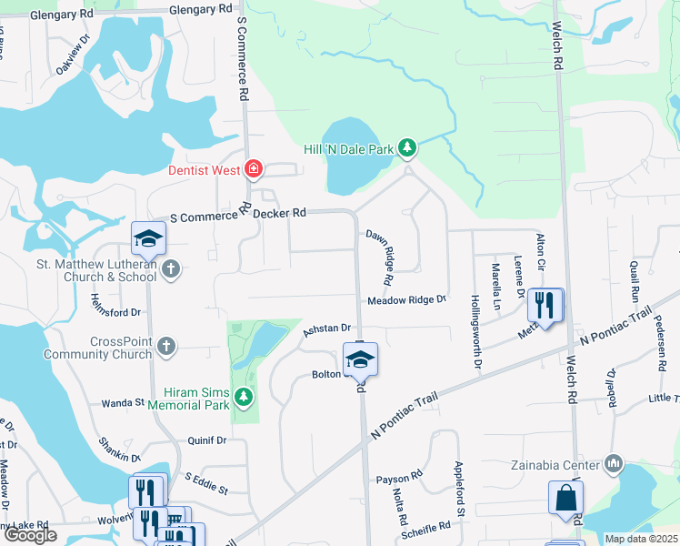 map of restaurants, bars, coffee shops, grocery stores, and more near 1883 Decker Road in Walled Lake