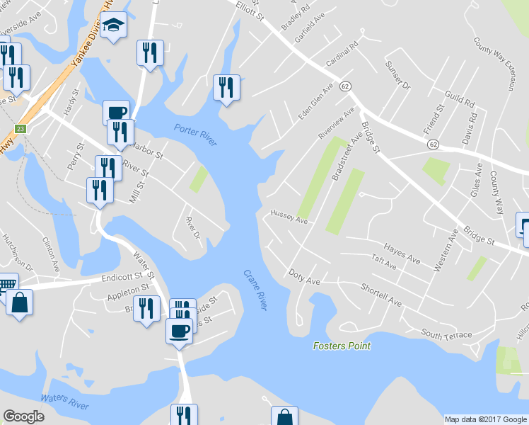 map of restaurants, bars, coffee shops, grocery stores, and more near 5 Hussey Avenue in Danvers