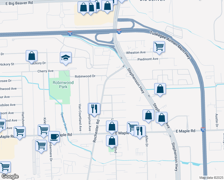 map of restaurants, bars, coffee shops, grocery stores, and more near 1020 Larchwood Drive in Troy