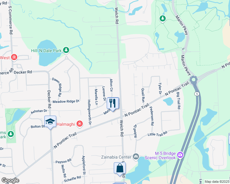 map of restaurants, bars, coffee shops, grocery stores, and more near 1847 Alton Circle in Commerce Charter Township
