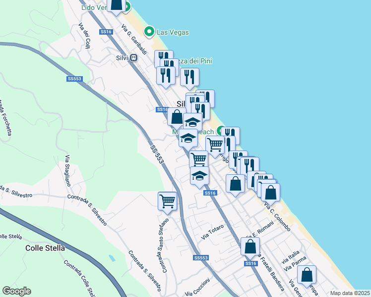 map of restaurants, bars, coffee shops, grocery stores, and more near 329 Via Roma in Silvi