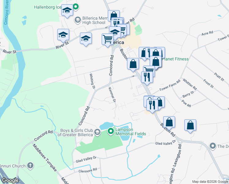 map of restaurants, bars, coffee shops, grocery stores, and more near 2 Kenmar Drive in Billerica