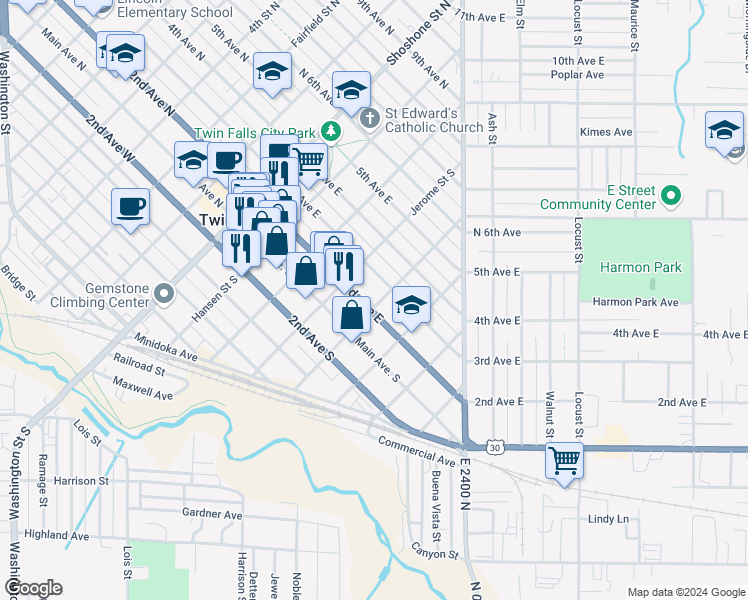 map of restaurants, bars, coffee shops, grocery stores, and more near 506 3rd Avenue East in Twin Falls