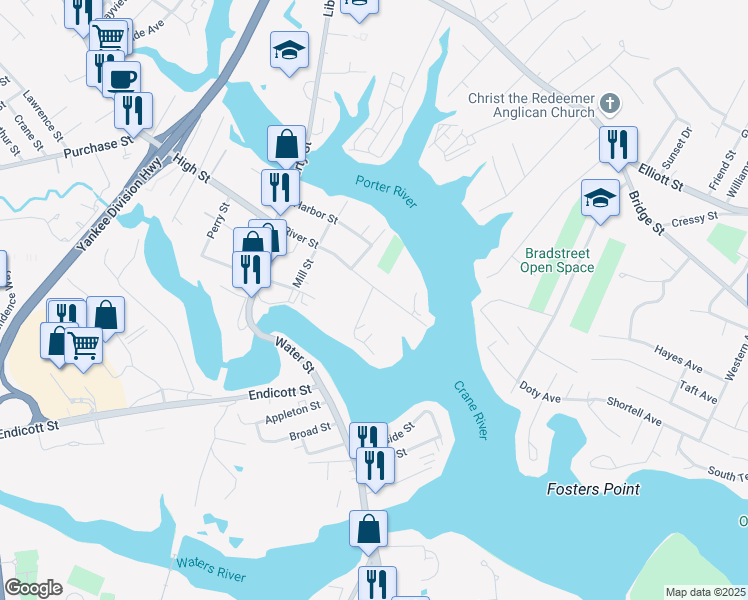 map of restaurants, bars, coffee shops, grocery stores, and more near 42 River Street in Danvers