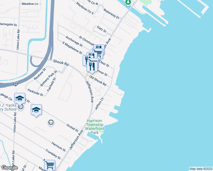 map of restaurants, bars, coffee shops, grocery stores, and more near 26169 Shook Road in Harrison charter Township