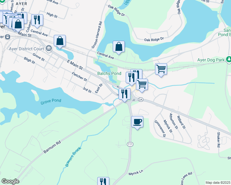 map of restaurants, bars, coffee shops, grocery stores, and more near 4 Marshall Street in Ayer