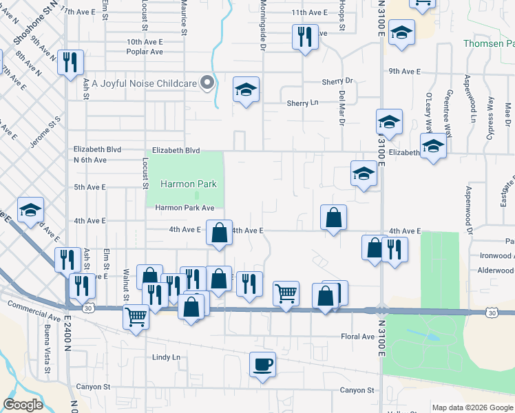 map of restaurants, bars, coffee shops, grocery stores, and more near 465 Morningside Drive in Twin Falls
