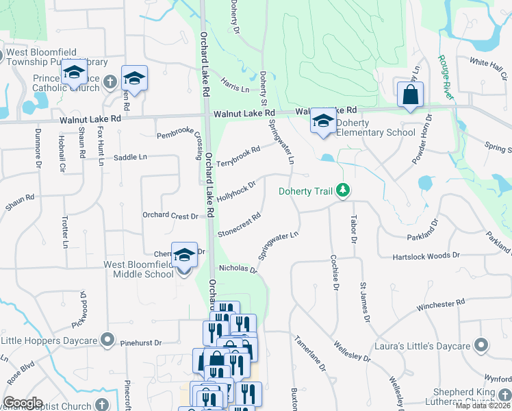 map of restaurants, bars, coffee shops, grocery stores, and more near 3876 Stonecrest Road in West Bloomfield Township