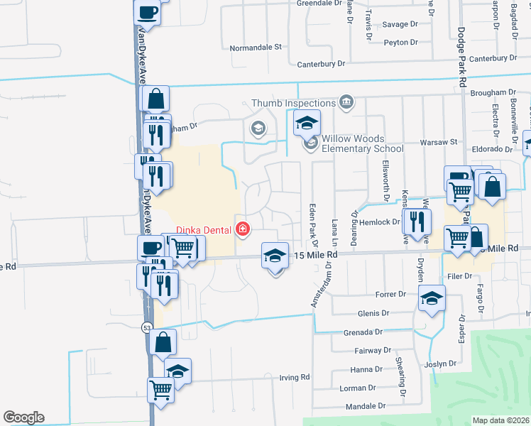 map of restaurants, bars, coffee shops, grocery stores, and more near 35218 Taffy Drive in Sterling Heights