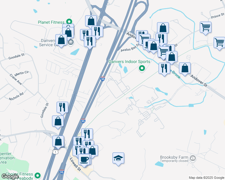 map of restaurants, bars, coffee shops, grocery stores, and more near 3232 Crane Brook Way in Peabody