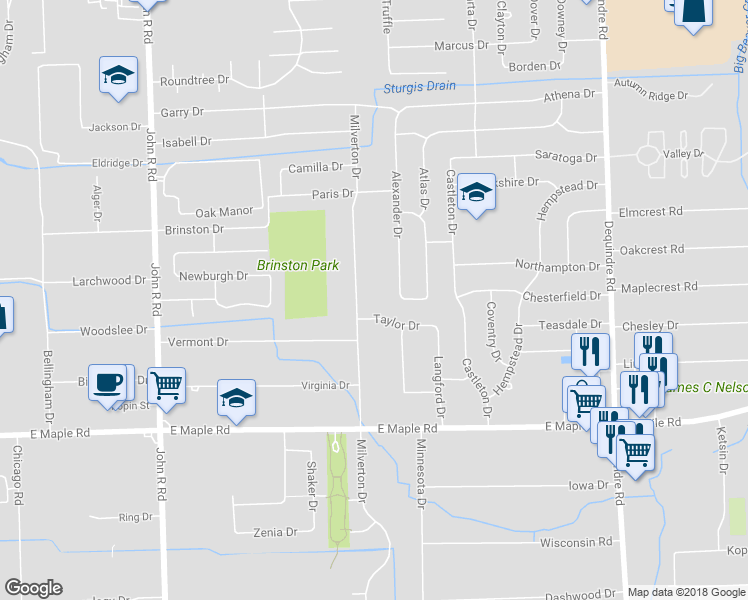 map of restaurants, bars, coffee shops, grocery stores, and more near 1888 Milverton Drive in Troy
