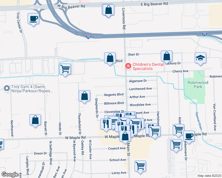 map of restaurants, bars, coffee shops, grocery stores, and more near 125 Tacoma Dr in Troy