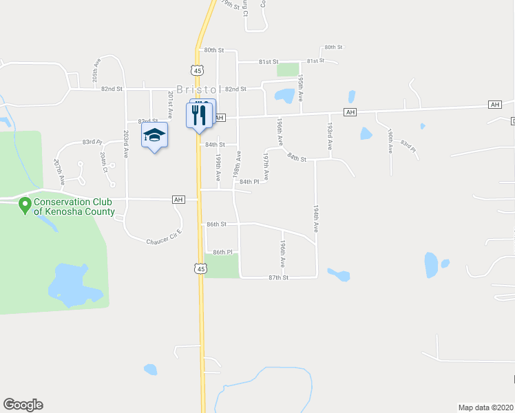 map of restaurants, bars, coffee shops, grocery stores, and more near 8531 198th Avenue in Bristol