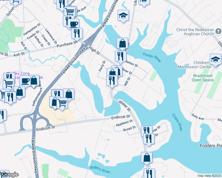 map of restaurants, bars, coffee shops, grocery stores, and more near 33 Water Street in Danvers
