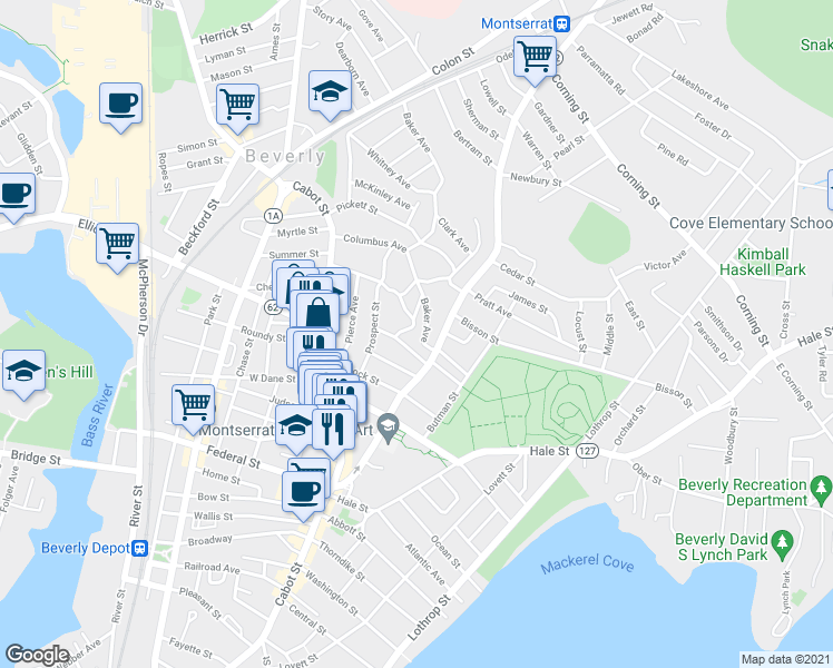 map of restaurants, bars, coffee shops, grocery stores, and more near 10 Baker Avenue in Beverly