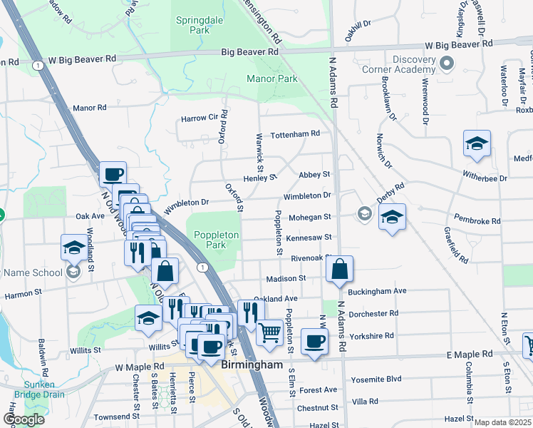 map of restaurants, bars, coffee shops, grocery stores, and more near 683 Mohegan Street in Birmingham