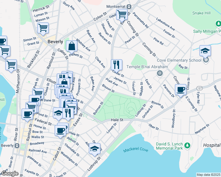 map of restaurants, bars, coffee shops, grocery stores, and more near 18 Bisson Street in Beverly