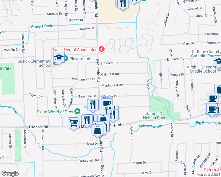 map of restaurants, bars, coffee shops, grocery stores, and more near 2080 Maplecrest Road in Sterling Heights