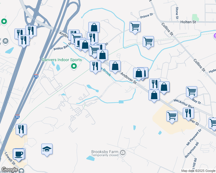 map of restaurants, bars, coffee shops, grocery stores, and more near 201 Brooksby Village Drive in Peabody