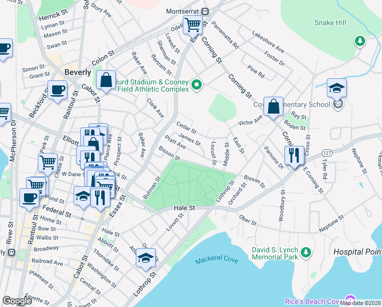 map of restaurants, bars, coffee shops, grocery stores, and more near 35 Pratt Avenue in Beverly