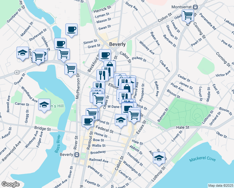 map of restaurants, bars, coffee shops, grocery stores, and more near 16 Elliott Street in Beverly