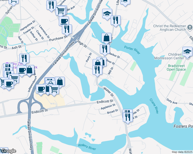 map of restaurants, bars, coffee shops, grocery stores, and more near 33 Water Street in Danvers