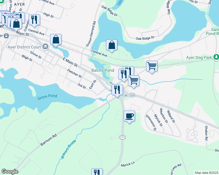map of restaurants, bars, coffee shops, grocery stores, and more near 4 Marshall Street in Ayer