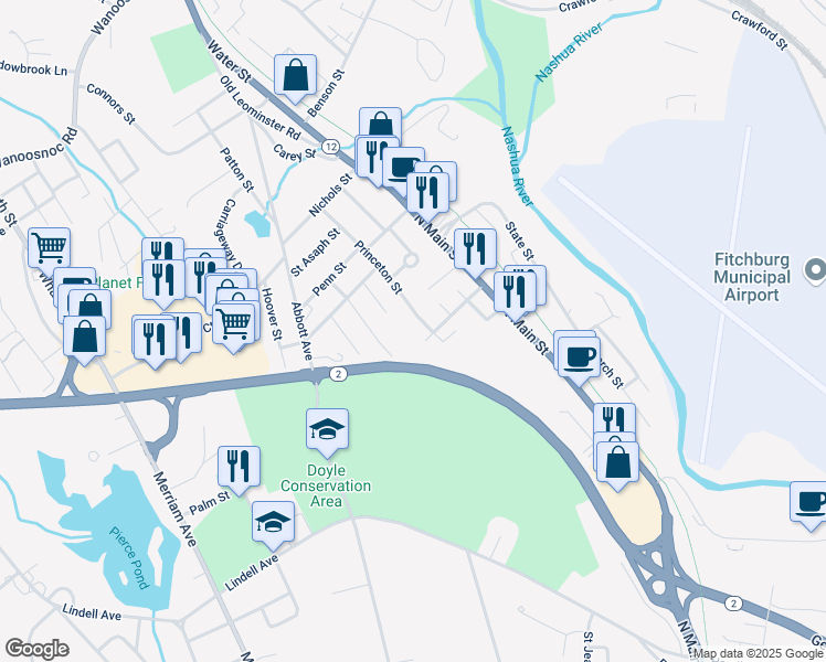 map of restaurants, bars, coffee shops, grocery stores, and more near 59 Westland Avenue in Leominster