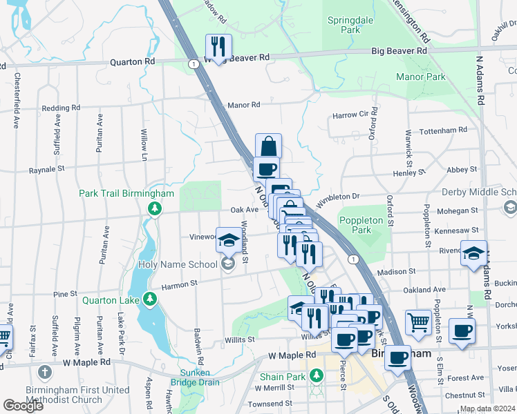 map of restaurants, bars, coffee shops, grocery stores, and more near 450 Oak Avenue in Birmingham