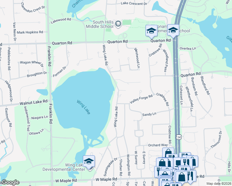 map of restaurants, bars, coffee shops, grocery stores, and more near 5904 Wing Lake Road in Bloomfield Hills