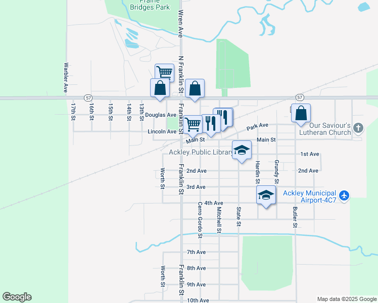 map of restaurants, bars, coffee shops, grocery stores, and more near 509 1st Avenue in Ackley