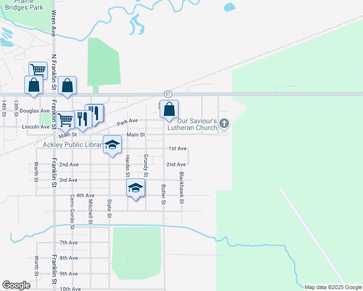 map of restaurants, bars, coffee shops, grocery stores, and more near 1201 1st Avenue in Ackley