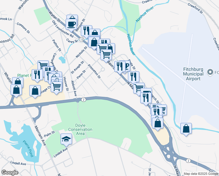 map of restaurants, bars, coffee shops, grocery stores, and more near 59 Westland Avenue in Leominster