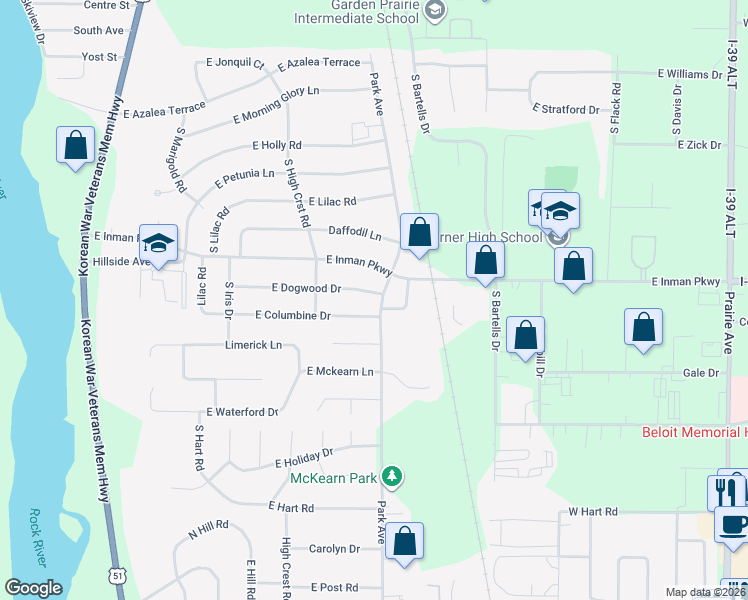map of restaurants, bars, coffee shops, grocery stores, and more near 2946 Park Avenue in Beloit