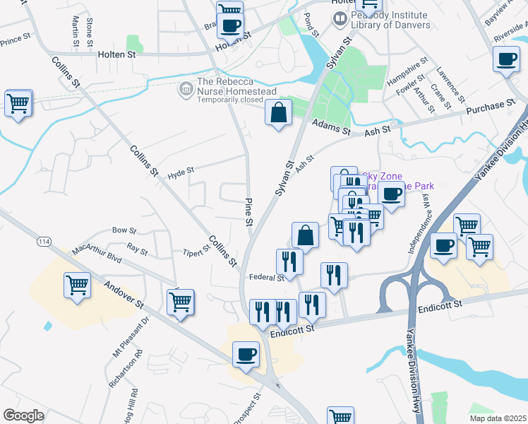map of restaurants, bars, coffee shops, grocery stores, and more near 115 Sylvan Street in Danvers