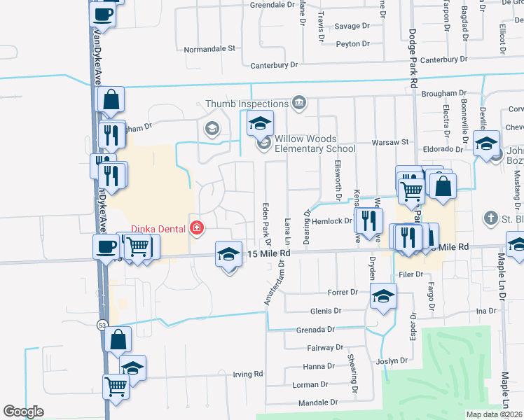map of restaurants, bars, coffee shops, grocery stores, and more near 35203 Eden Park Drive in Sterling Heights
