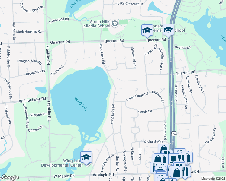map of restaurants, bars, coffee shops, grocery stores, and more near 5904 Wing Lake Road in Bloomfield Hills