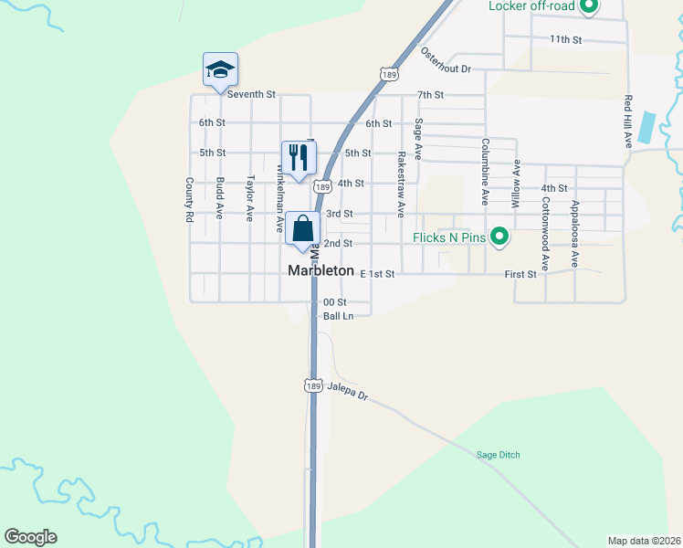 map of restaurants, bars, coffee shops, grocery stores, and more near 201 East 1st Street in Big Piney